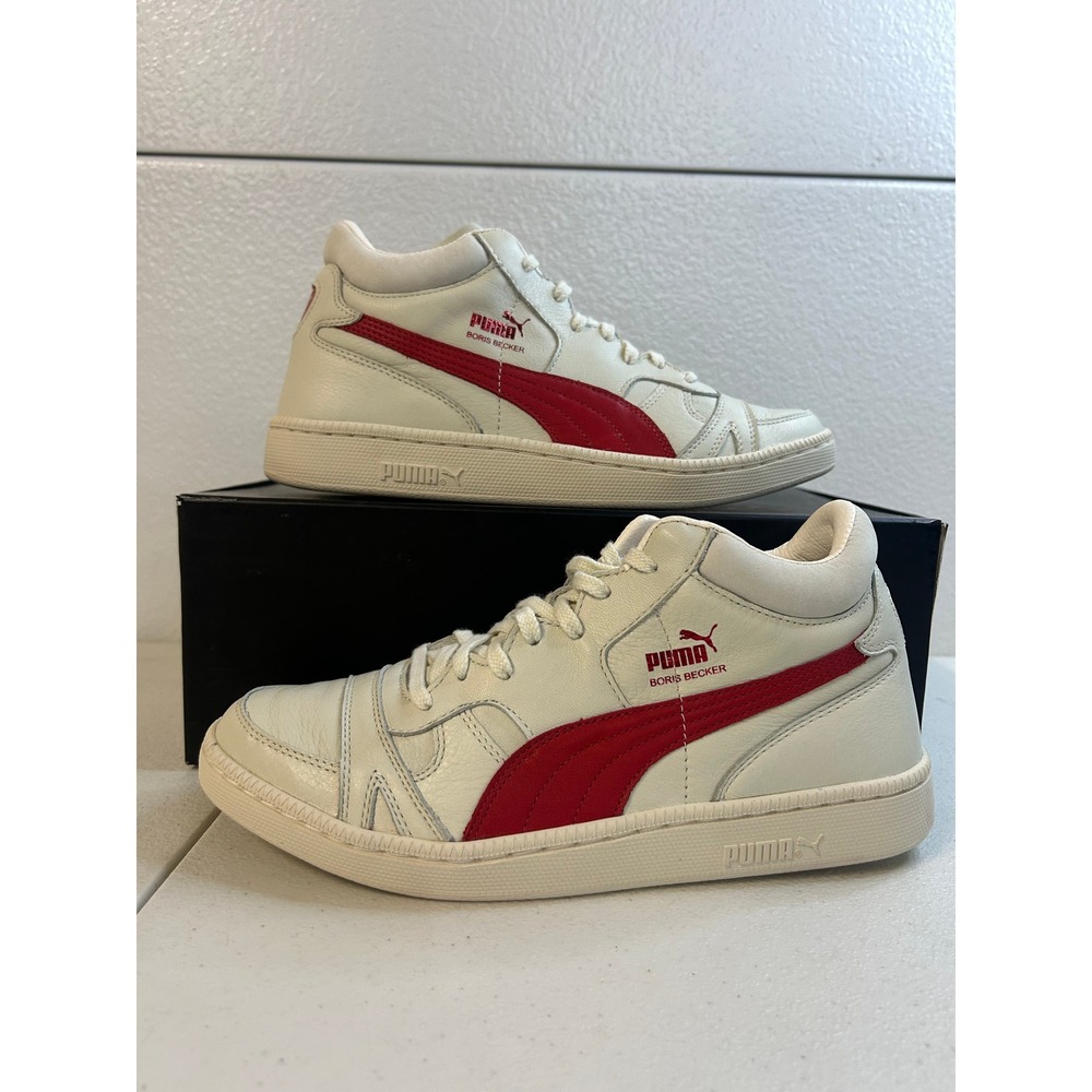 Puma Boris Becker Leather Mens Sneakers Whisper White Red Mid Top Size 8 #2475